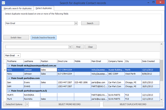 Find duplicates based on a specific field - e.g. contacts with same email address